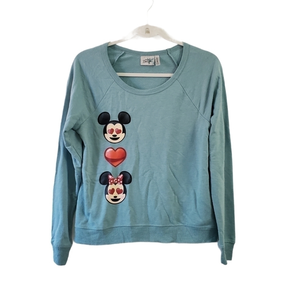Disney Sweater Womens Small Teal Blue Mickey & Minnie Mouse Emoji Crew Neck‎